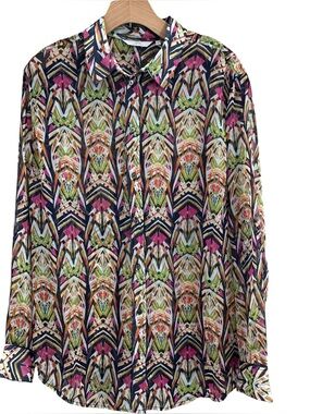Zoa New York Semi-Sheer Button-up Blouse Vibrant Geometric Large